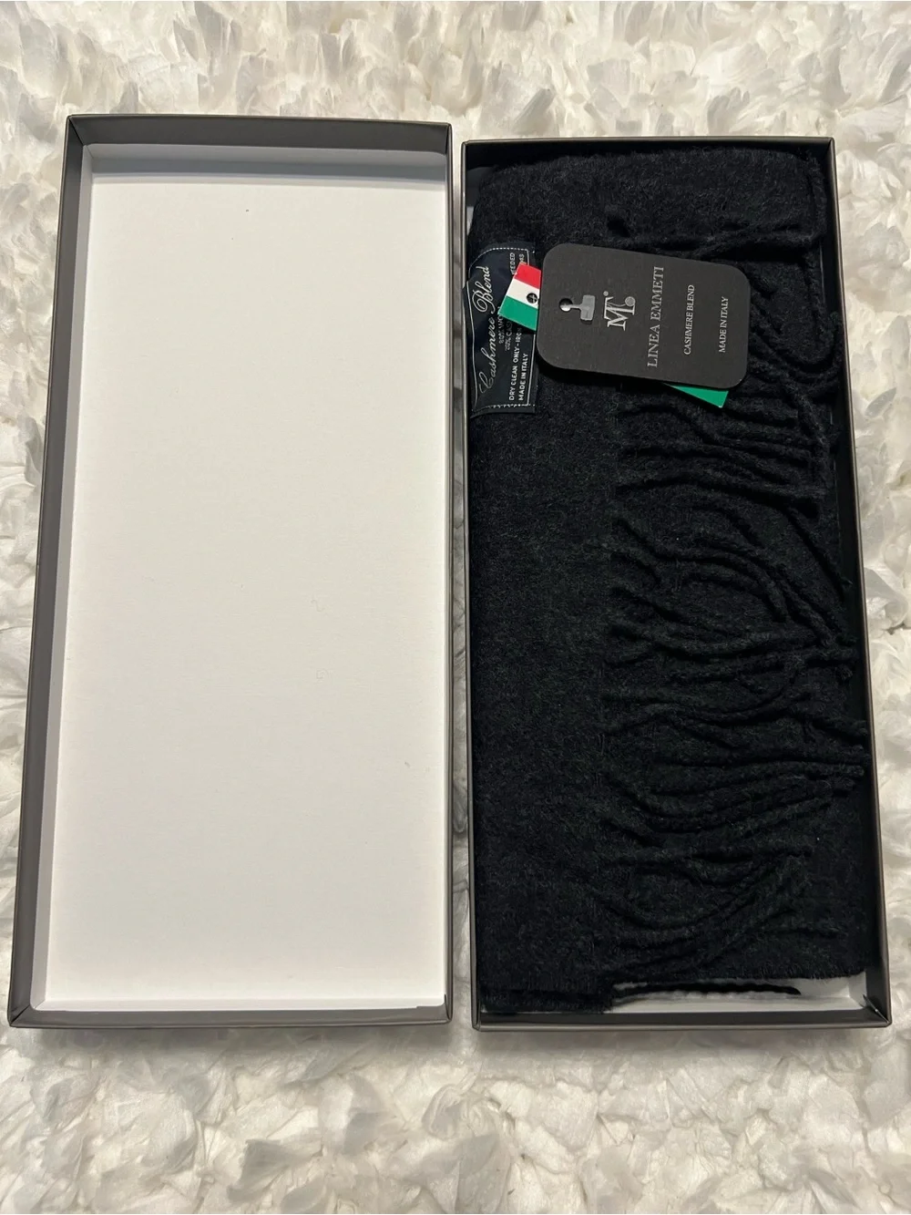 Linea Emmeti Cashmere Wool Blend Black Scarf Men’s 12” X 71” Made in Italy